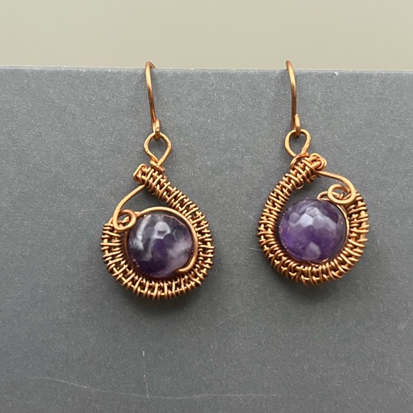 Jewelry - Copper Wire Wrapped Teardrop Earrings with Purple Amethyst